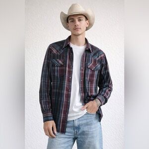 Gibson Trading Co Plaid Western Shirt • Lightweight  • Burgundy Black Blue •  L